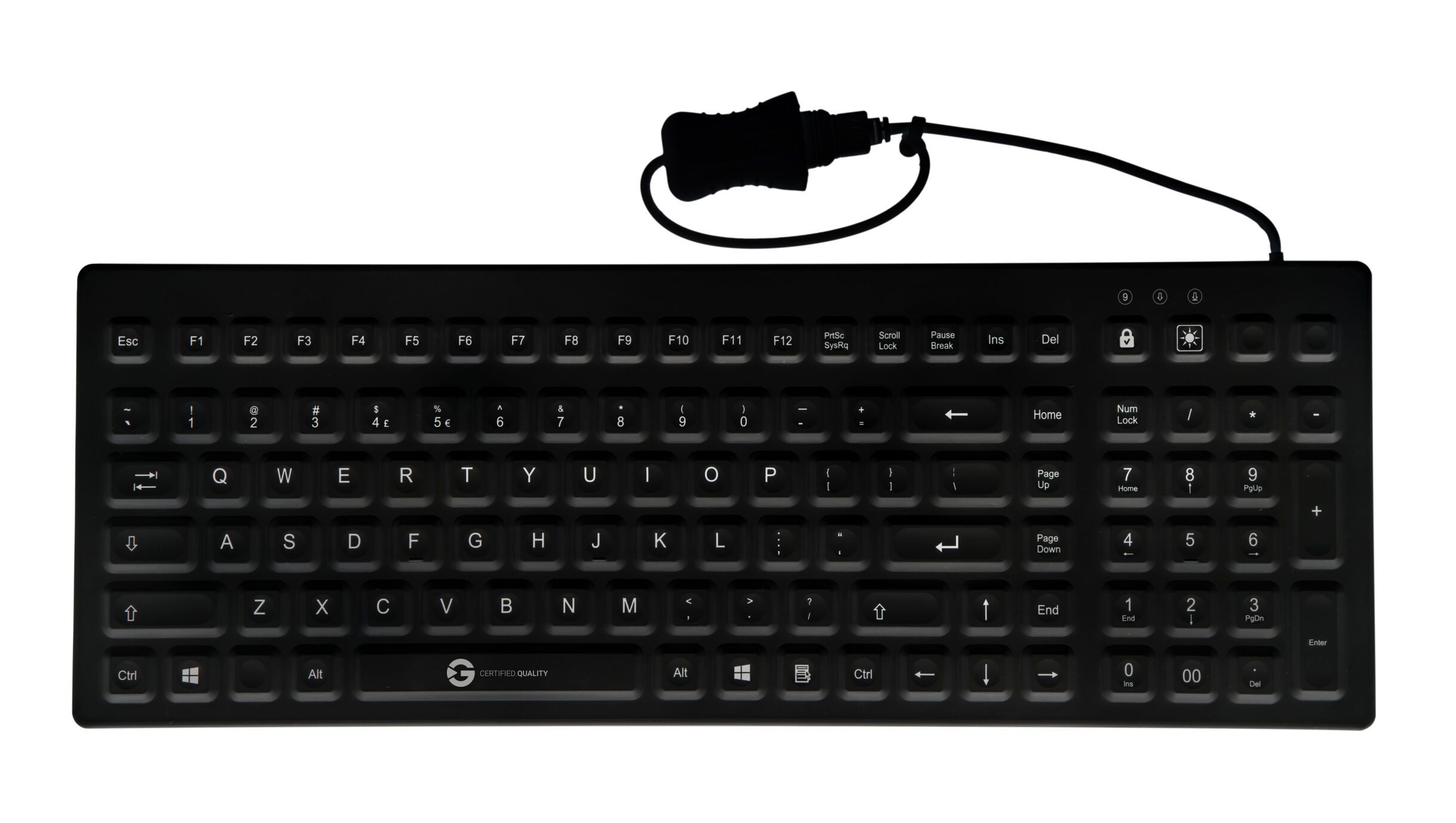 Cleantype Prime Pro+ – IP68 silicone keyboard black, front view with USB cable