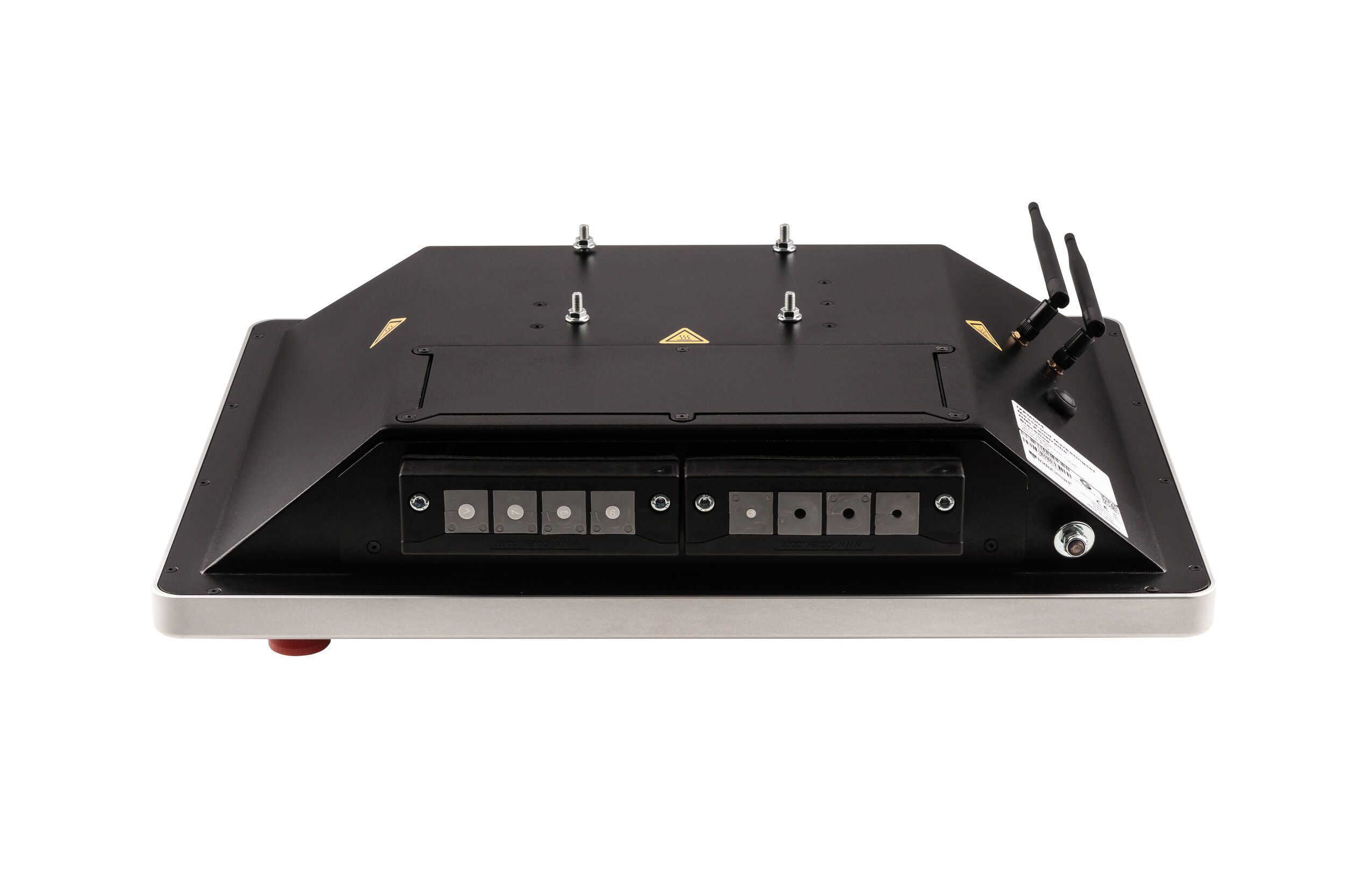 Der InduSmart® Panel-PC BlackLine 18,5 Zoll – Rückansicht schräg von oben mit Halterung und Anschlussbereich