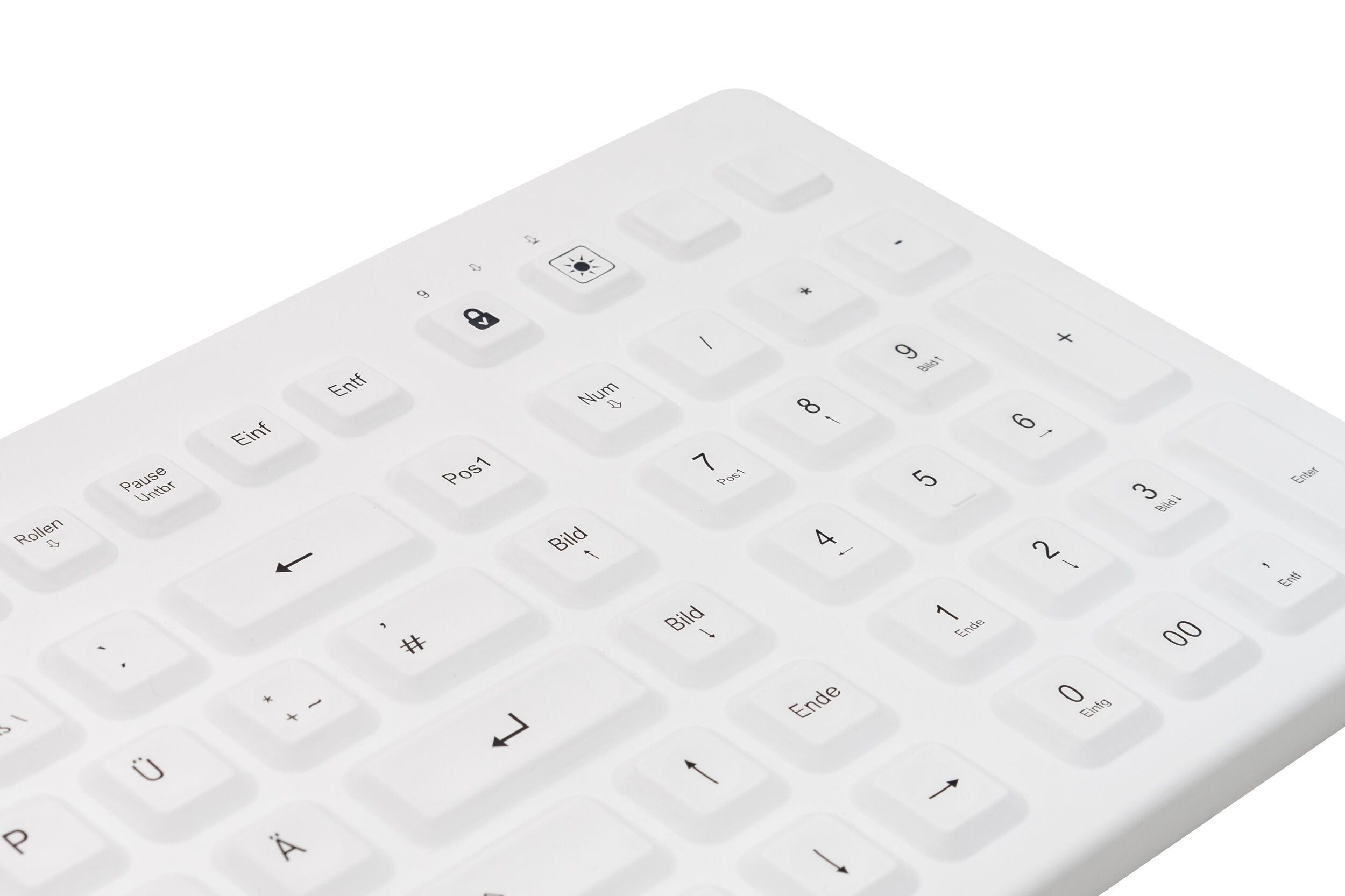 Cleantype Prime Pro+ – IP68 silicone keyboard white, close-up view of key labelling