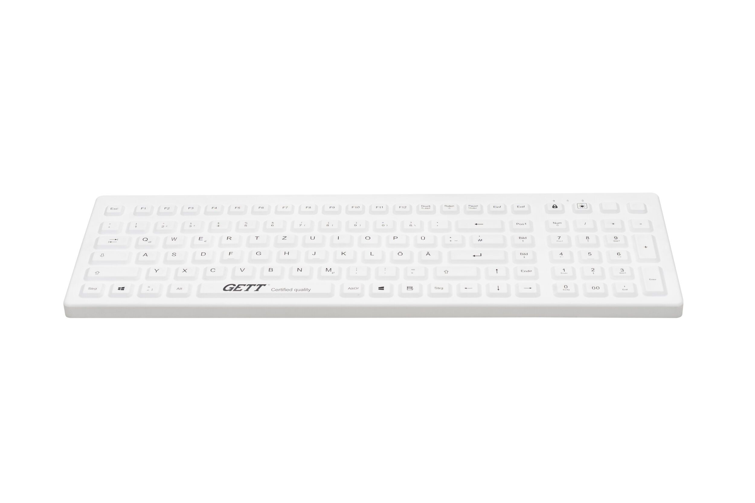 Cleantype Prime Pro+ – IP68 Silikontastatur weiß, flache Seitenansicht